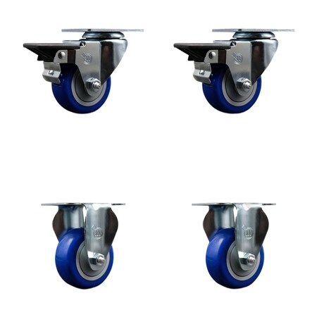 Service Caster 3'' Blue Poly Wheel Swivel Top Plate Caster Set with 2 Posi Brakes 2 Rigid, 4PK SCC-20S314-PPUB-BLUE-PLB-2-R-2